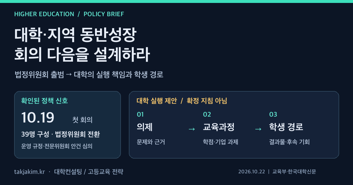 대학·지역 동반성장 지원위원회 출범의 확인 사실과 대학 실행 제안을 구분한 전략 카드