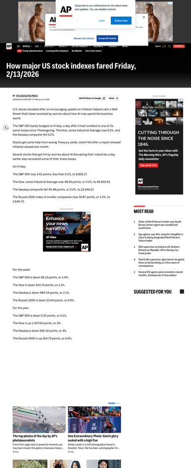 AP News 캡쳐 — How major US stock indexes fared Friday, 2/13/2026